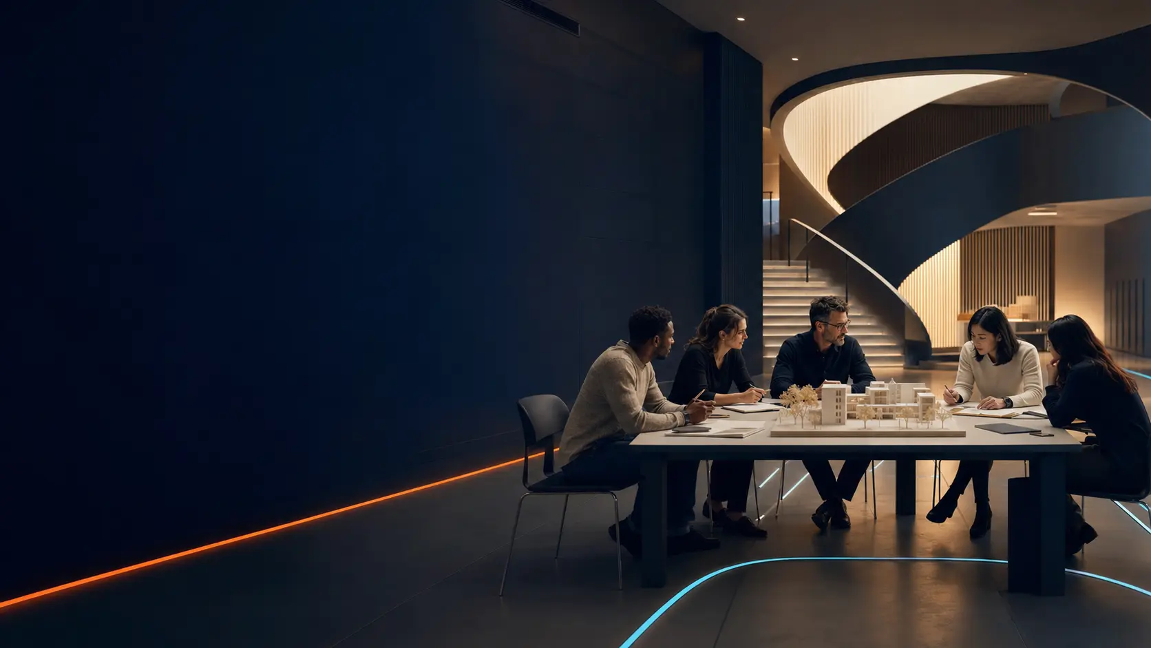 Professionals collaborating in an architectural learning environment