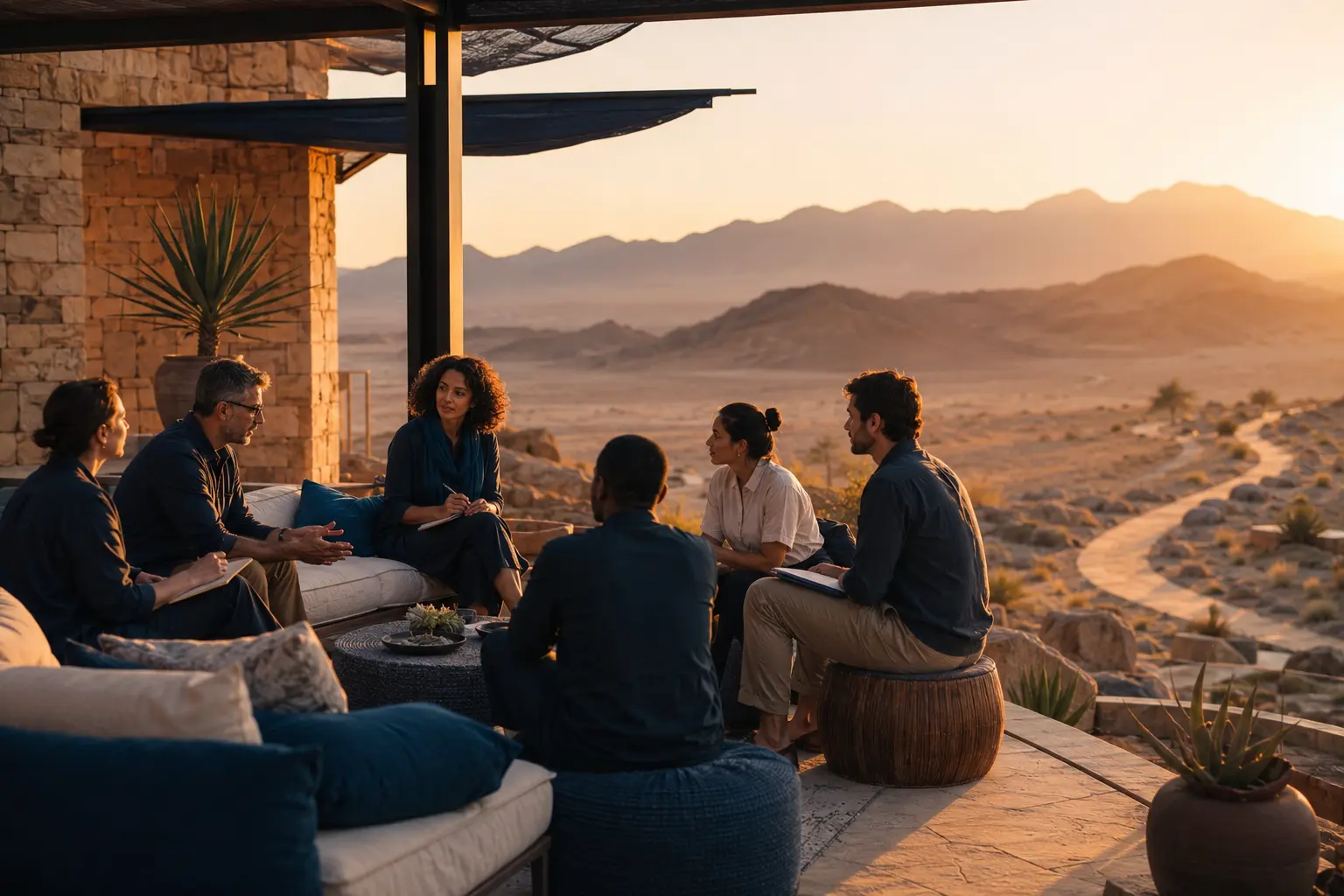 Professionals in a facilitated retreat discussion overlooking a desert landscape